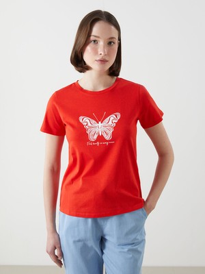 Lc Waikiki Yeni Sezon Bisiklet Yaka Baskılı Penye Kadın Tişört