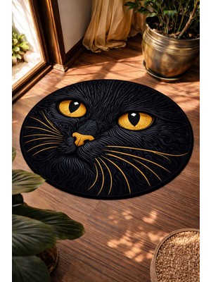 Qatalina Siyah Kedi Desenli Yuvarlak Halı | Kaymaz Taban | Antre Salon Modern Dekoratif Halı