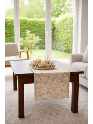 Rona Home Şık Papatya Desenli Premium Kalite Kumaş Masa Runner - Salon ve Mutfak Dekoratif Runner Örtü