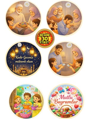 Dekals 30 Güne 30 Farklı Ramazan Etiketi 3x3 cm Hediye Poşeti Etiketi Advent Takvim Calender Çıkartması