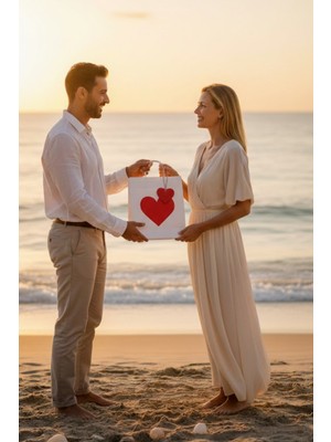 Palifix Set (Poşet+Ip+ Kart) 25X31 Tek Kalpli Beyaz Kraft Hediye Çantası Seti