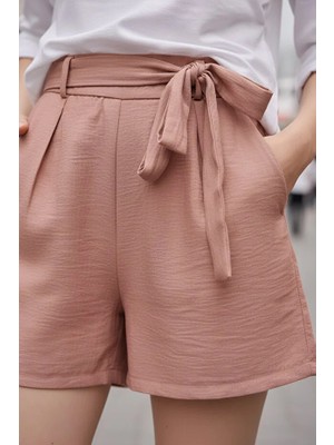 Fashion Cocktail Ince Yazlık Keten Kemerli Bel Lastikli Kadın Sahil Şort Somon