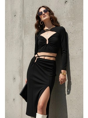 Fashion Cocktail Toka Aksesuarlı Uzun Kol Crop Yırtmaçlı Beli Bağlama Midi Etek Takım Siyah