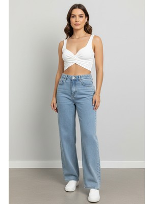 Rengamoda Kadın Yüksel Bel Geniş Paça Mom Jean Pantolon