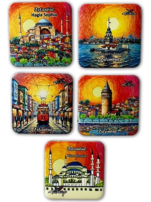Arda Hediyelik Eşya Istanbul Temalı 5'li Metal Magnet Seti – 7x7 cm – Gün Batımı Serisi
