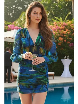 Fashion Cocktail Palmiye Desen Düğmeli V-Yaka Uzun Kol Şifon Elbise Mavi