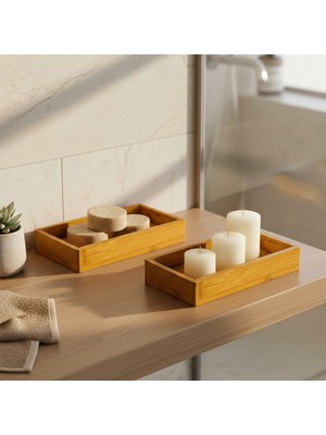 Snippy Bambi - 2'li Dikdörtgen Bambu Sunum Standı Tepsisi Bambu Anahtarlık Yağdanlık Düzenleyici Organizer