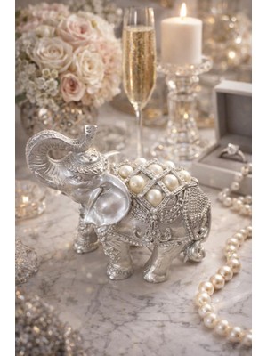 Gümüş Renk Inci Süslemeli Fil Biblo 10 cm – Dekoratif Masa Üstü Aksesuar