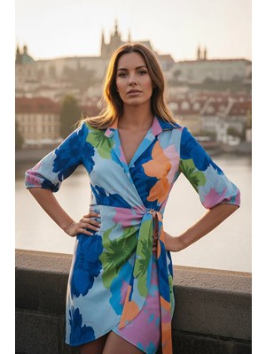 Fashion Cocktail Rengarenk Pastel Renkler Önden Bağlamalı Yakalı Kısa Kol Mevsimlik Baharlık Elbise