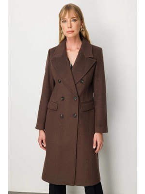 Ekol Kadın Kruvaze Yaka Kapak Cepli Kahverengi Kaban 06960