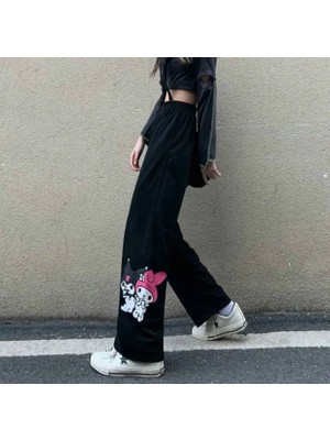 Punix Kids Punıx Kids Özel Seri Kuromi & My Melodi Baskılı Yüksel Bel %100 Pamuk Ispanyol Paça Yazlık Kız Çocuk Eşofman Altı