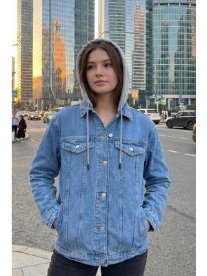 Twister Bck J67-01 Penye Kapşonlu Oversize Kadın Kot Ceket Mavi