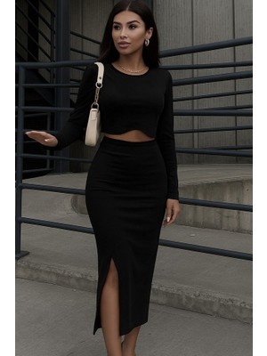 Serac Collection Kadın Uzun Kollu Bisiklet Yaka Kısa Krop Dalgıç Bluz ile Önden Yırtmaçlı Uzun Etek Ikili Takım