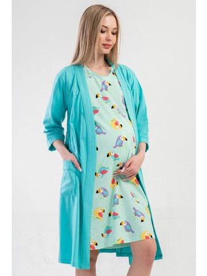 Vienetta Kadın Hamile Lohusa Gecelik Sabahlık Takımı %100 Pamuklu Turkuaz 2’li Set C1T3N1014