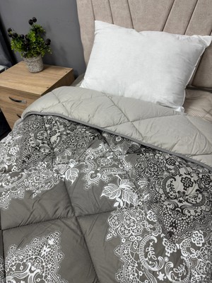 Clasy %100 Pamuk Saten Çift Kişilik Yorgan Çift Taraflı Noldor V1 Desenli Antrasit Gri Kapitoneli