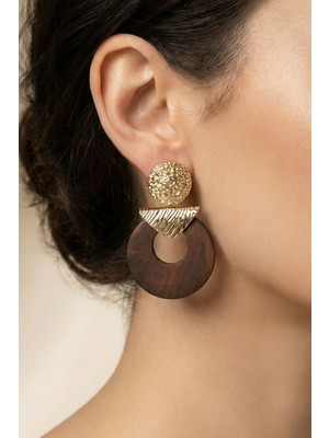 Osha Aksesuar Bohem Stil Gold Metal ve Gerçek Ahşap Kombinli Kadın Çivi Küpe