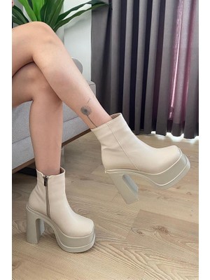 Difolia Kadın Krem 12 cm Platform Topuklu Fermuarlı Bot