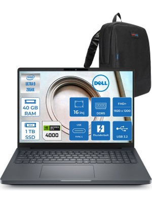 Dell Pro Max 16+ Intel Core Ultra 9 285HX 40GB 512GB+512GB SSD 16GB/RTXPRO4000 Blackwell 16" Wuxga 60hz Windows 11 Home Kurumsal Iş Istasyonu MB16250EMEAH36 + Zettaçanta