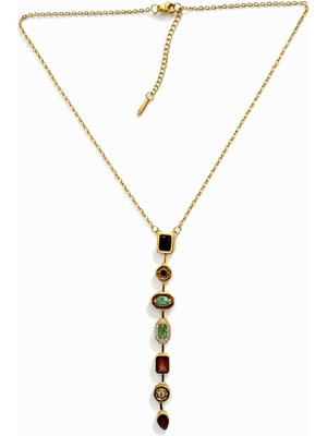 World Araştırma Çok Taşlı Dikey Tasarım Altın Renk Paslanmaz Çelik Kolye