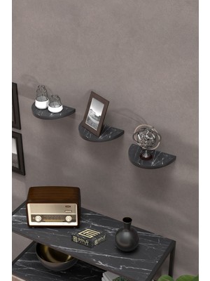 Duvar Rafı Dekoratif 3 Adet Çiçeklik Oval Siyah Mermer Desen