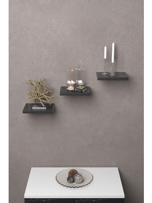 Duvar Rafı Dekoratif 3 Adet Çiçeklik Kare Siyah Mermer Desen