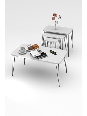 Zigon Sehpa Kr ve Orta Sehpa Kr Set Gümüş Beyaz Tel Ayak Siyah