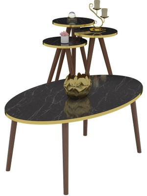 Zigon Sehpa ve Orta Sehpa Set Ahşap Torna Elips Altın Siyah Mermer Desen