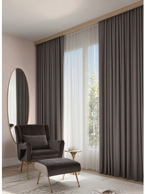 Bercem Home Kadife Dokulu Ekstrafor Büzgülü Fon Perde - Antrasit - Tek Kanat - (Pilesiz Dikim)