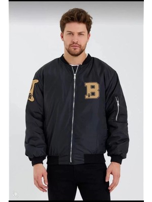 Glam Love Siyah Bomber Kolej Mont – B Harfi ve Kemik Baskılı -