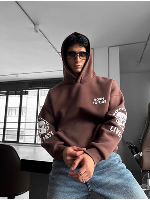 "ride To Survive" Kuru Kafa Baskılı Oversize Kapüşonlu Sweatshirt