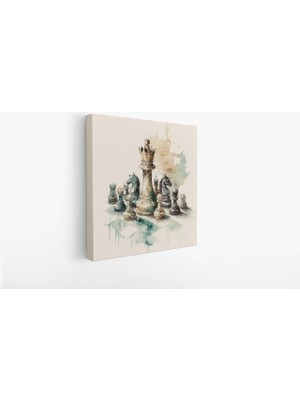 Grown Mavi ve Bej Tonlarda Sulu Boya Satranç Kanvas Tablo
