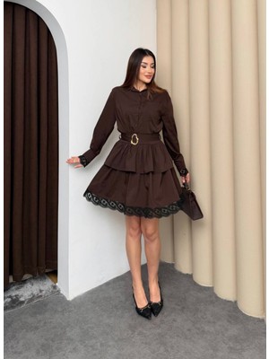 Asmil Gömlek Yaka Dantel Detay Midi Elbise