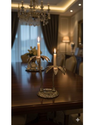 sembol 2lı Palmıye Mumluk Gumus 16X26X26 cm