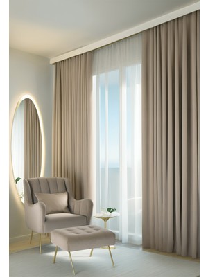 Bercem Home Kadife Dokulu Ekstrafor Büzgülü Fon Perde - Vizon - Tek Kanat - (Pilesiz Dikim)