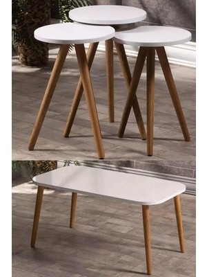 Zigon Sehpa ve Orta Sehpa Set Ahşap Kr Torna Beyaz