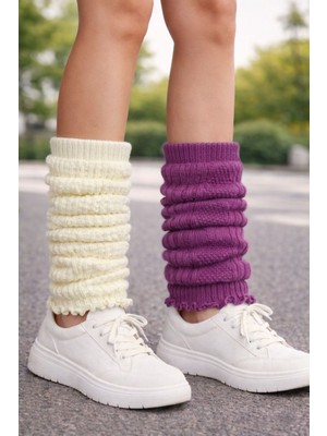 Urart Kadın 2 Çift 2 Ayrı Renk Diz Altı Yumuşak Sıcak Tutan Dokulu Tozluk Çorap Konç