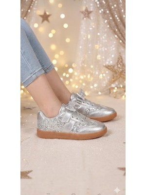 Mocno Kız Çocuk Gümüş Simli Cırtlı Günlük Rahat Taban Sneaker Spor Ayakkabı