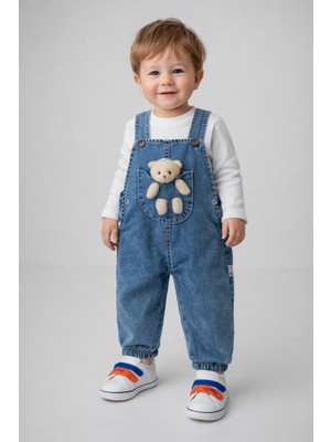 Dinamik çocuk Erkek Bebek Ayıcıklı Kot Salopet(Yandan Çıtçıtlı)+Uzun Kollu Fitilli Badili 2'li Takım Mevsimlik Bayramlık 6-9-12-18AYLIK