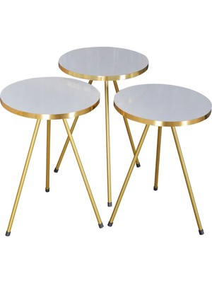 Zigon Sehpa 3'lü Gold Metal Ayak Beyaz Gold