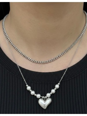 Nurora Gümüş Inci Kalp Detaylı Ikili Çelik Kolye