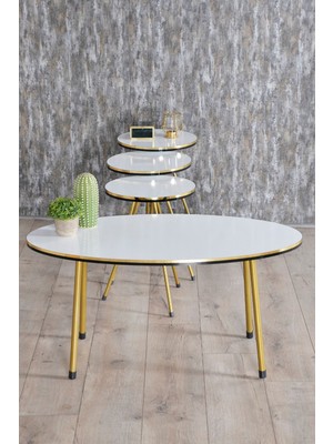 Zigon Sehpa ve Orta Sehpa Elips Set Çift Gold Beyaz Metal