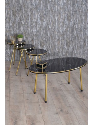 Zigon Sehpa ve Orta Sehpa Elips Set Çift Gold Bendir Metal