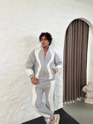 Erkek Premium Parçalı Eşofman Takım - Dik Yaka Fermuarlı Sweatshirt, - Gri