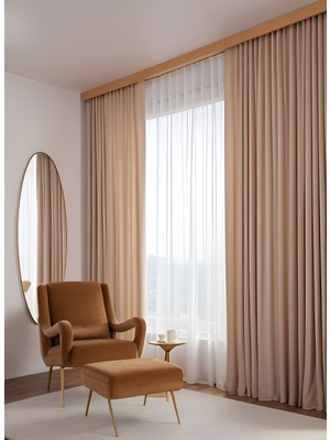 Bercem Home Kadife Dokulu Ekstrafor Büzgülü Fon Perde - Sütlü Kahverengi - Tek Kanat - (Pilesiz Dikim)