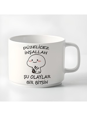 Duble Türk Kahvesi Fincanı & Espresso Düzelicez Inşallah Şu Olaylar Bir Bitsin Baskılı Kupa 180 ml