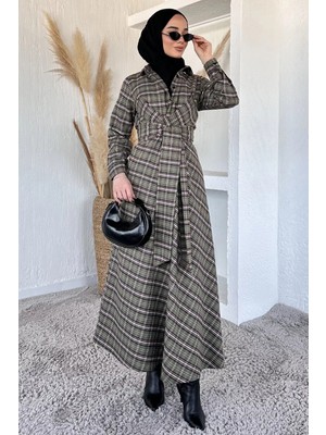 Julude Gülseli Ekose Desenli Bel Bağlamalı Tesettür Elbise P-00020377