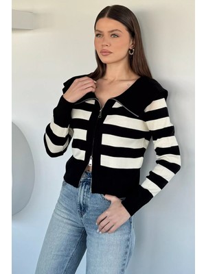Gülseli Kadın Çizgi Desenli Fermuarlı Triko Bluz P-00020373