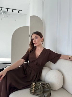 Glam Love Kısa Kollu Uzun Elbise - Kahve -
