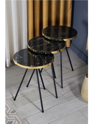 Zigon Sehpa 3 Lü Siyah Metal Ayak Bendir Altın