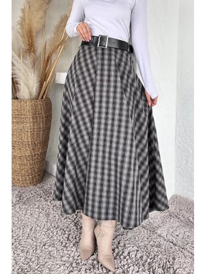 Julude Ekose Desenli Kemer Aksesuarlı Tesettür Kiloş Etek P-00020040